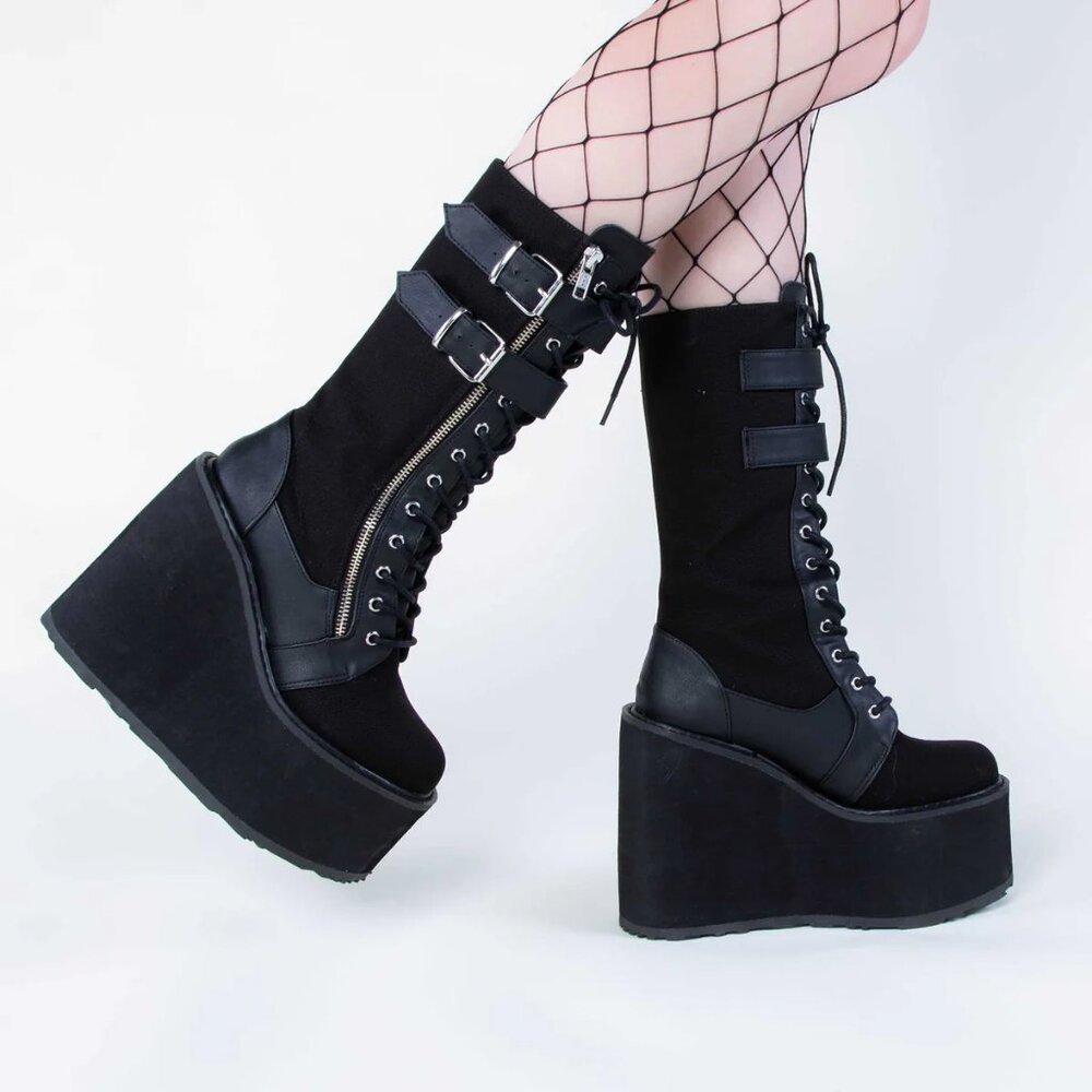Demonia Swing-221 Canvas Wedge Platform Lace-Up K… - image 1